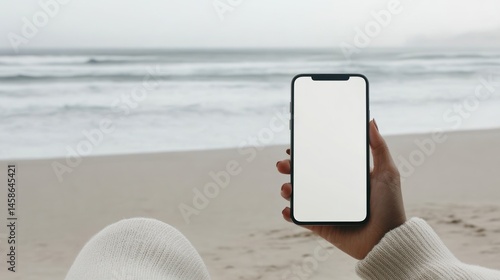 Blank smartphone screen beach mockup summer vacation mobile technology