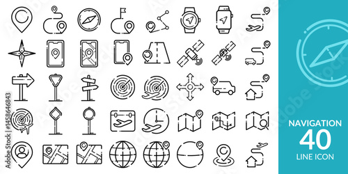 Navigation, Travel, Route Planning – Set of 40 Vector Icons