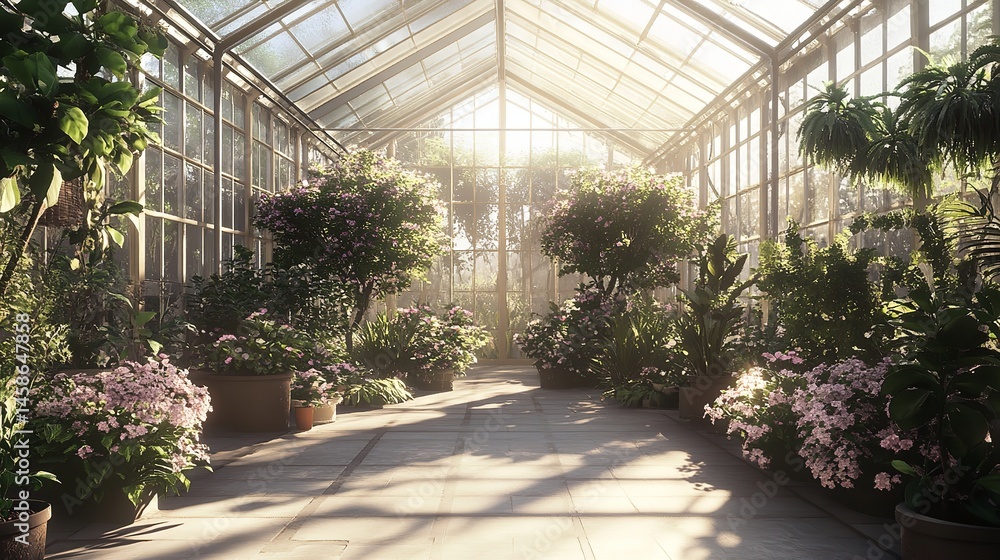 Obraz premium Greenhouse interior plants flowers light architecture botanical garden conservatory glasshouse design space