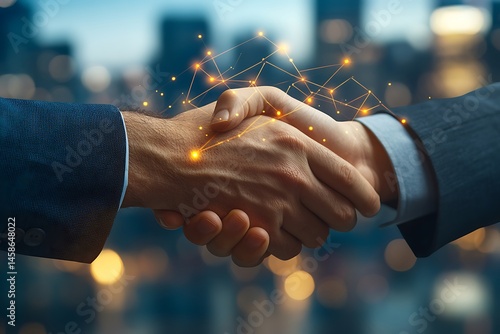Two hands shaking, connected by glowing network
