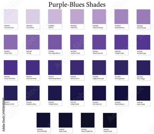 32 Purple Blues Shades Color Swatches - 3d Soft Purples, Blue, Violets to Dark Deep Tones - with HEX Codes and Names, Colour Palette, Scheme and Gradient