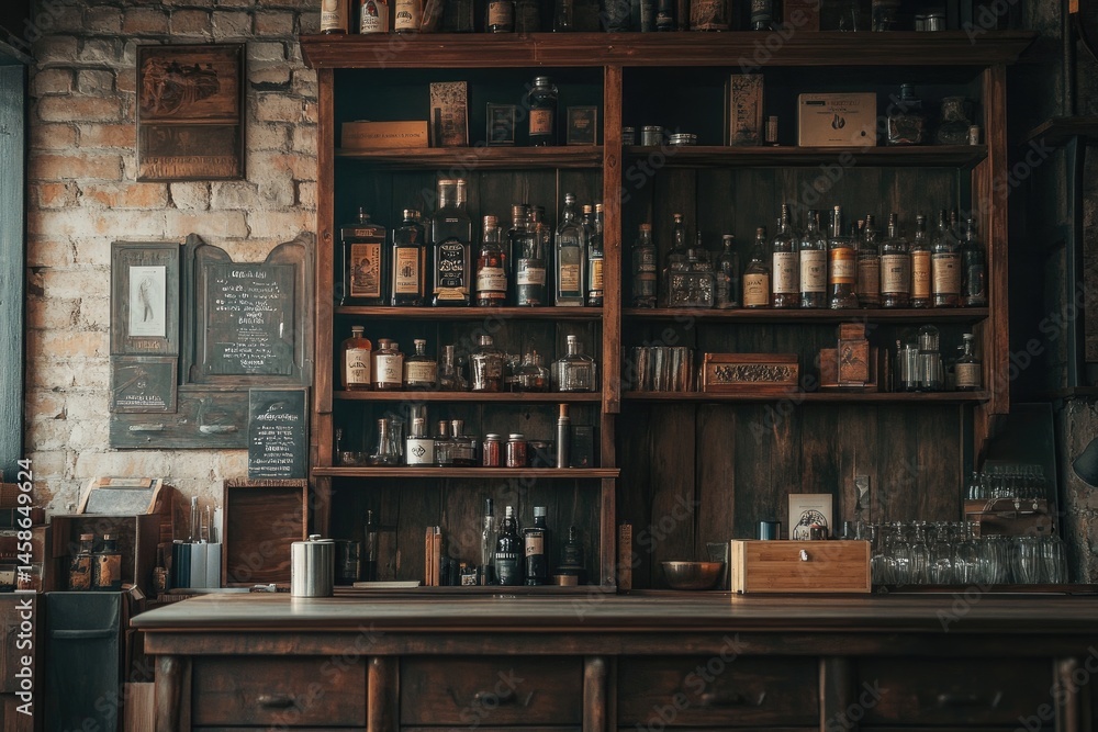 Rustic bar with wooden shelves, filled with bottles and glasses, against a brick wall Rustic bar with wooden shelves, filled with bottles and glasses, against a brick wall