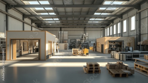 Modern, well-lit industrial warehouse space with offices and storage