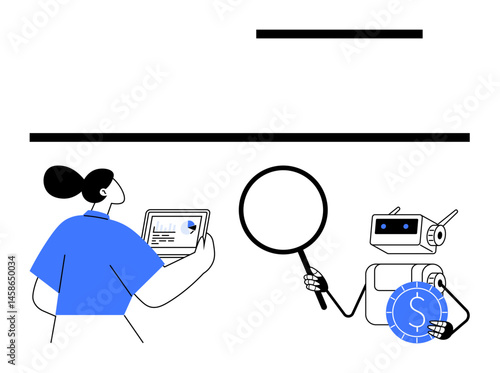 AI robot holding magnifier, helping woman analyzing report on tablet. Ideal for technology, innovation, finance, teamwork, research, automation data. Clean flat simple metaphor