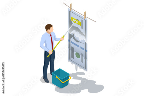 Isometric man hanging dollar bills on a line after washing them, representing the metaphor of money laundering and financial crime. AML Anti money laundering financial. Illegal money metaphor