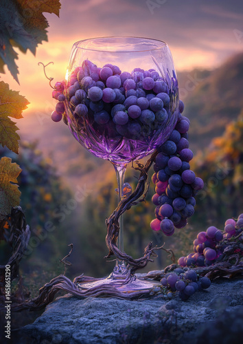 A wine glass entwined with grape clusters captures vineyard luxury and celebrates nature�fs finest harvest