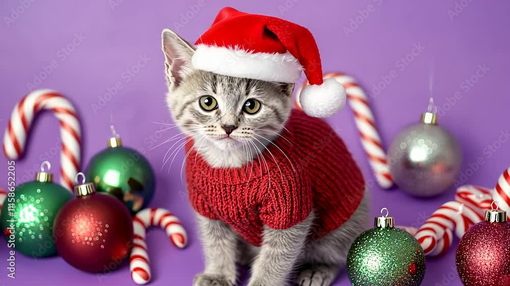 Adorable kitten in santa hat and red sweater with festive ornaments and candy canes. Adorable kitten in santa hat and red sweater with festive ornaments and candy canes.