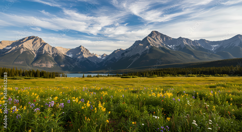 Fototapeta premium Stunning Mountain Meadow Landscape: Wildflower Field and Majestic Peaks