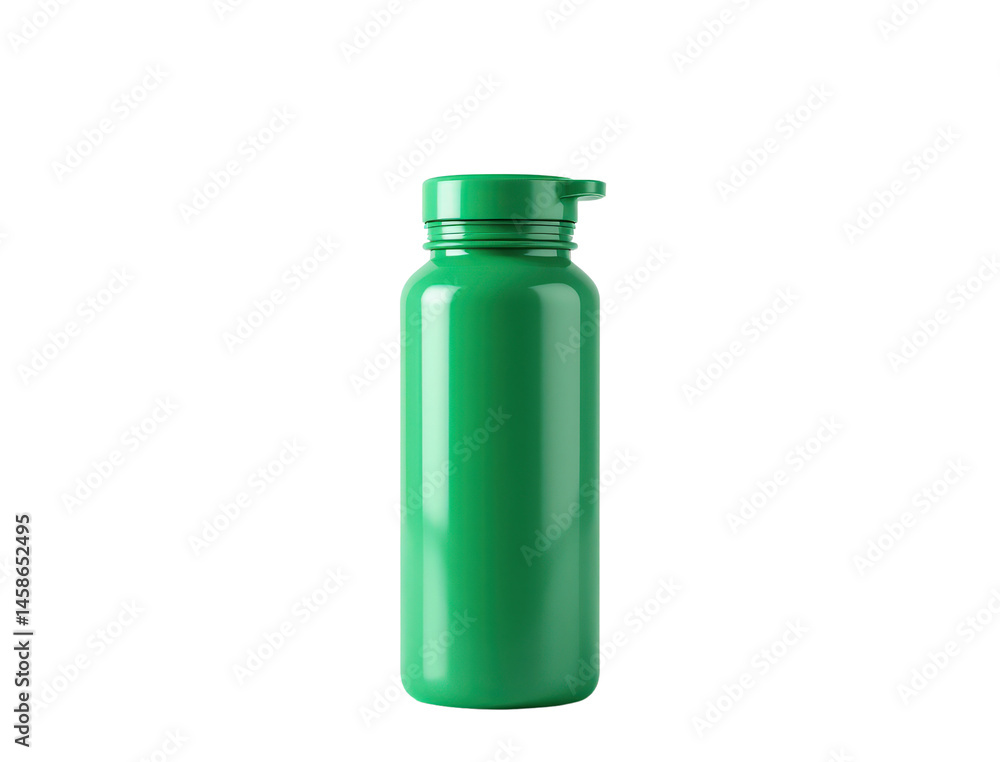 A green reusable water bottle with a screw-on lid and handle. A green reusable water bottle with a screw-on lid and handle.