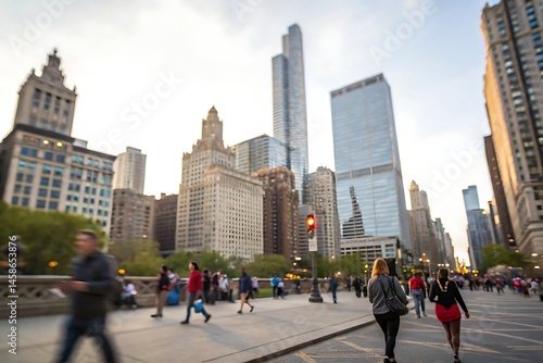 City walkers in blurred background chicago urban lifestyle scene evening light