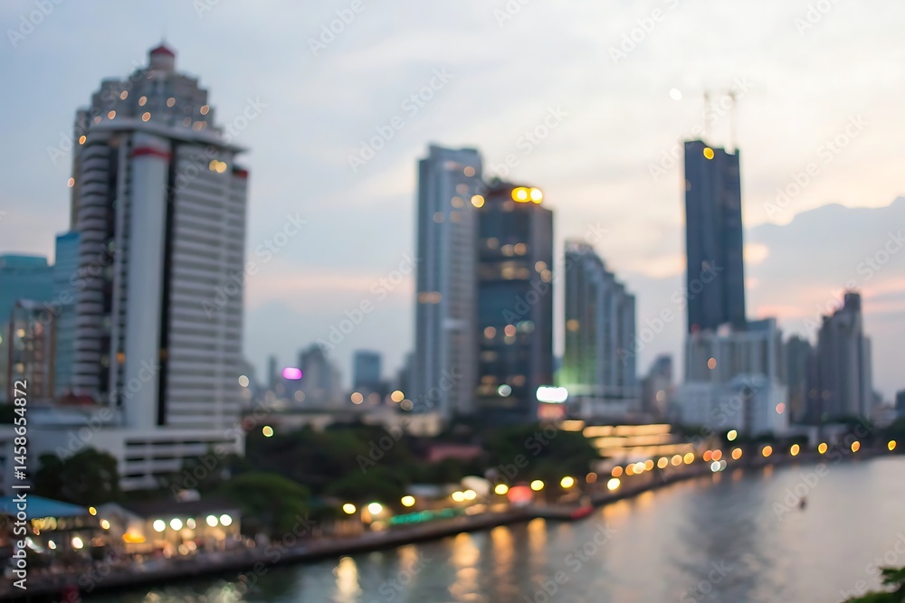 Obraz premium Blurred city skyline at dusk urban river scene soft lights scenic viewpoint bangkok