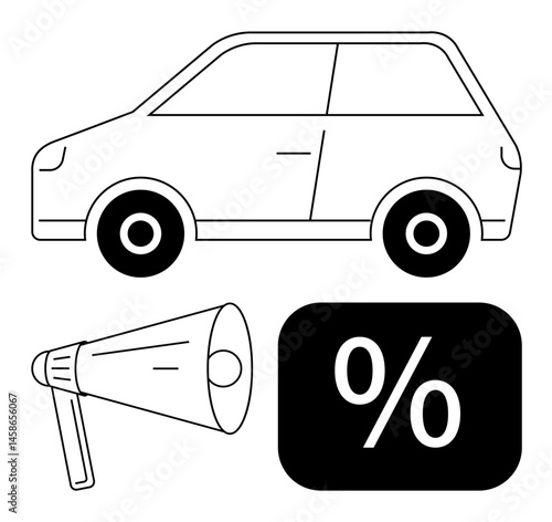 Car outline beside megaphone and percentage symbol suggests promotion, auto discount, or announcement. Ideal for marketing, sales, advertising, automotive, pricing communication mobile app. Flat