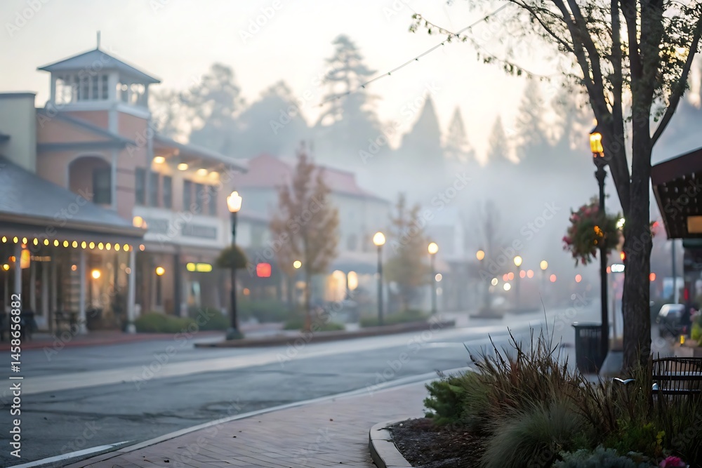 Obraz premium Misty morning street scene downtown area photo calm environment blurred background effect