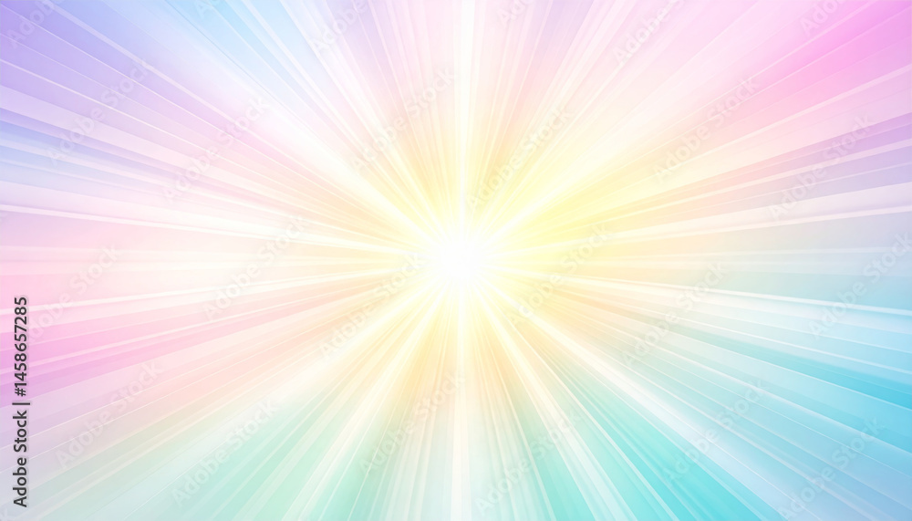 Obraz premium radiant burst of pastel light emanates from center, creating soft, dreamy gradient of glowing rainbow rays. This ethereal scene evokes sense of wonder and tranquility