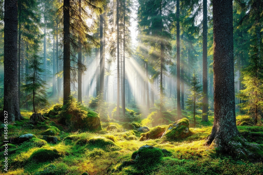 Fototapeta premium Sunlight streams through misty forest (1)