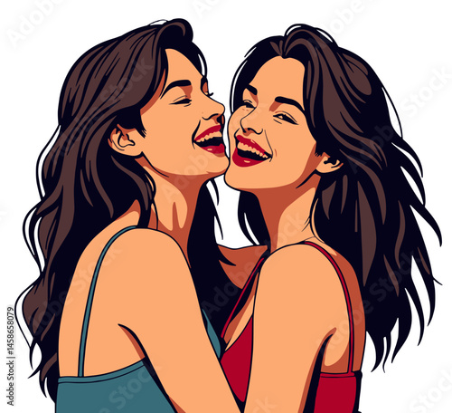 Sisters laughing together in colorful pop art style, bold self-expression