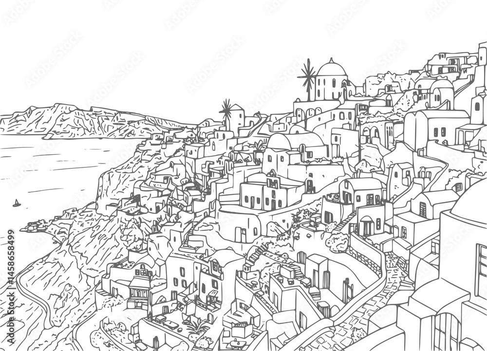 Fototapeta premium Santorini landscape coloring page drawing illustration for adult