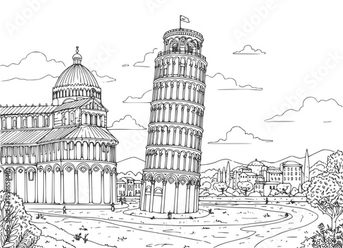 pisa tower coloring page drawing illustration for adult