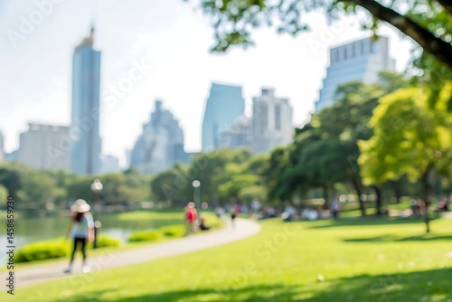 People enjoying a park day with blurred background of cityscape urban nature bright environment