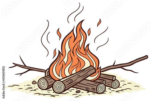 52 Blazing campfire, burning logs, vibrant orange flames, crackling wood, glowing embers, realistic fire photography, white background, high contrast, detailed wood texture, heat waves, smoky atmosphe