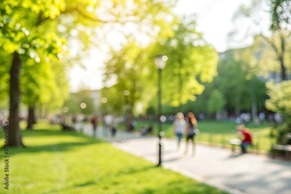 Fototapeta premium Blurred park stroll city center nature scene lush greenery casual atmosphere