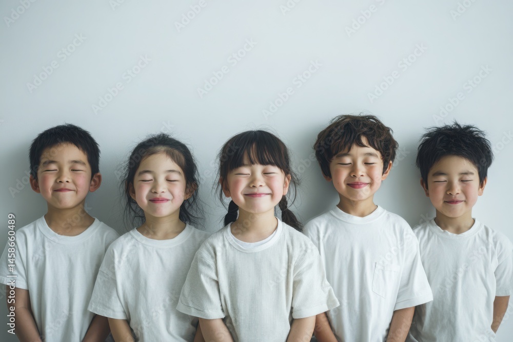 Five Smiling Asian Children with Eyes Closed in White T-Shirts, Against a Light Gray Background, Close-up Portrait Photo Five Smiling Asian Children with Eyes Closed in White T-Shirts, Against a Light Gray Background, Close-up Portrait Photo
