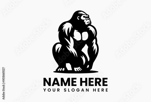 Cartoon gorilla vector logo featuring powerful pose and friendly expression in bold black and white design, representing strength, agility, and wild charm  