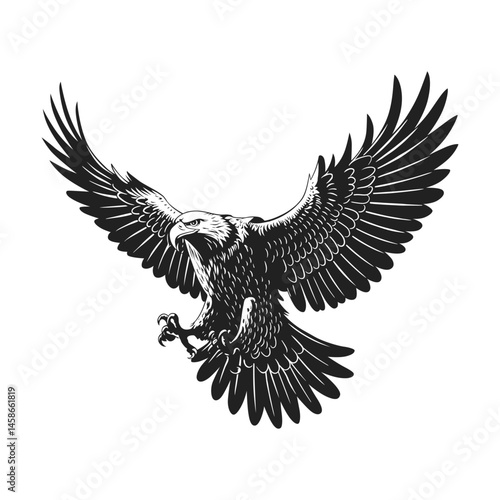 Black and white silhouette of a bald eagle in flight