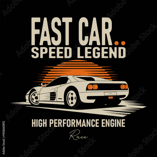 Illustration of a fast sports car with a sunset backdrop and text