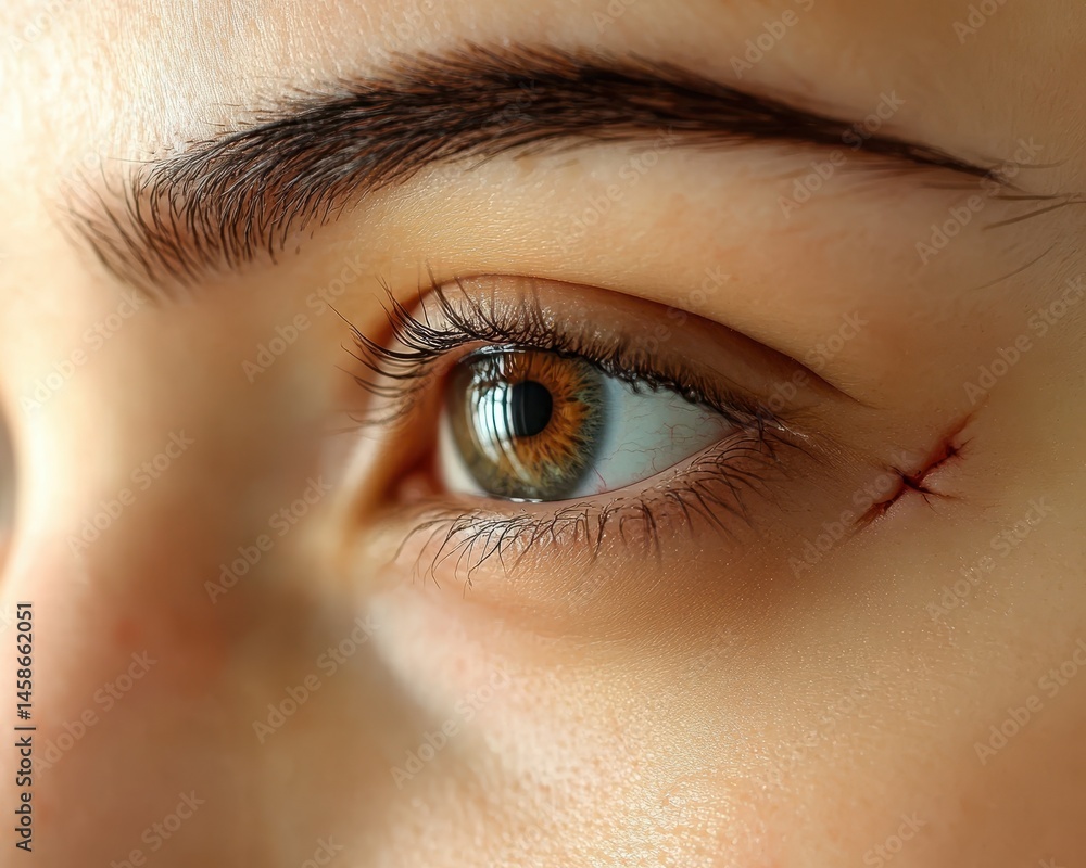 Obraz premium Face Scar. Close-Up of Girl with Deep Scar Near Eye, Skin and Cosmetic Problem