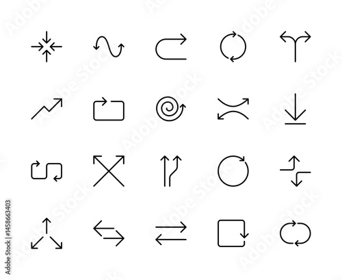 Arrows related vector linear icons set. Contains such icons as arrows, diagonal, curved, round, refresh and more.