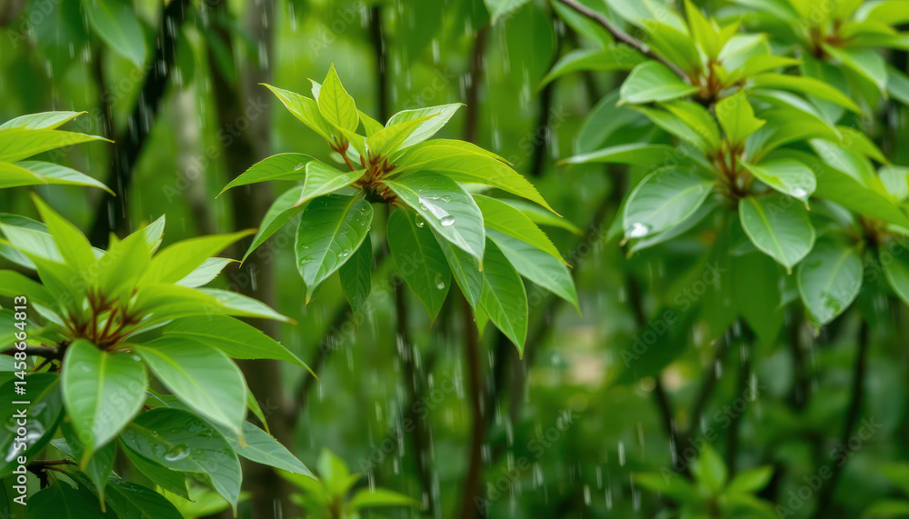 Fototapeta premium Fresh Green Leaves with Raindrops on Soft Background of Lush Foliage in a Rainy Atmosphere