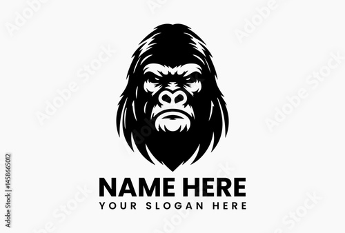 Vintage gorilla illustration in black and white vector logo, showing detailed strong posture and serious expression symbolizing primal power and timeless wilderness  