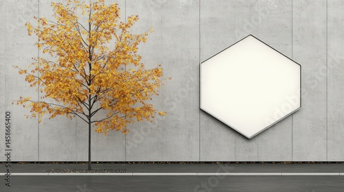Autumn tree by hexagonal sign on concrete wall