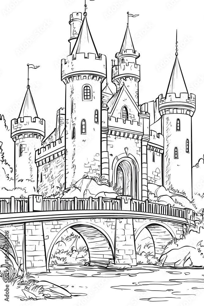 Obraz premium Castle drawing with intricate details and a bridge Generative AI