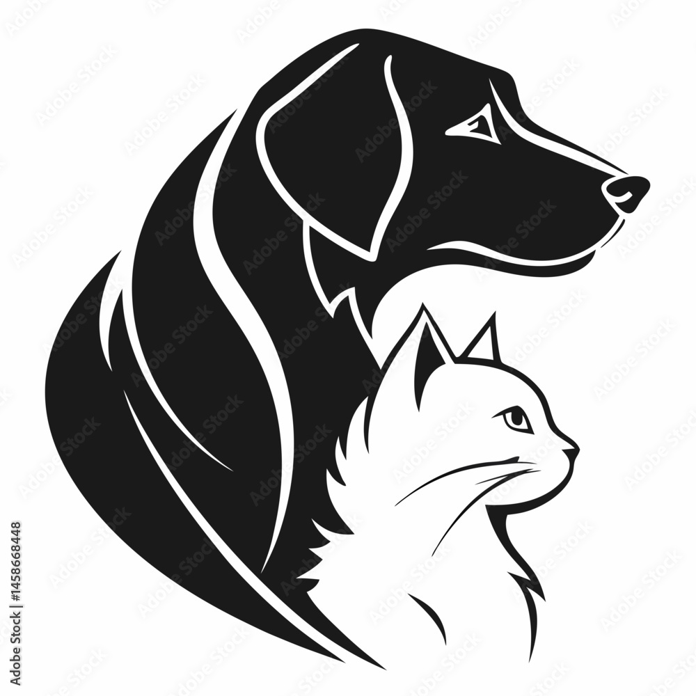 Obraz premium Majestic Dog and Cat Profile Elegant Black and White Pet Illustration Perfect for Vet Clinics Pet Shops and Animal