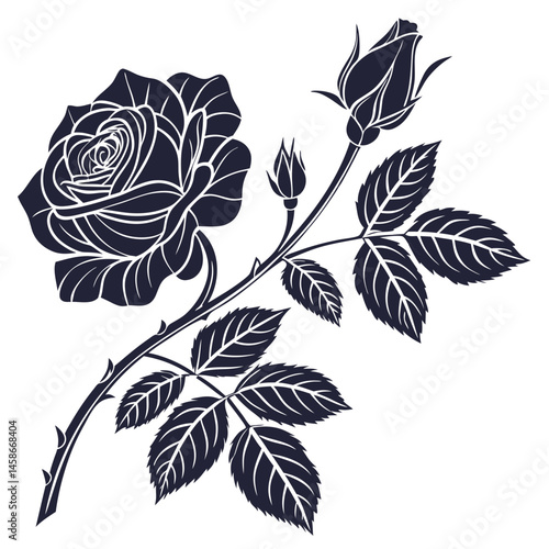 Wallpaper Mural Elegant Black Silhouette Rose Branch Floral Design Botanical Art Nature Illustration Dark Bloom Romantic Flower Vintage Torontodigital.ca