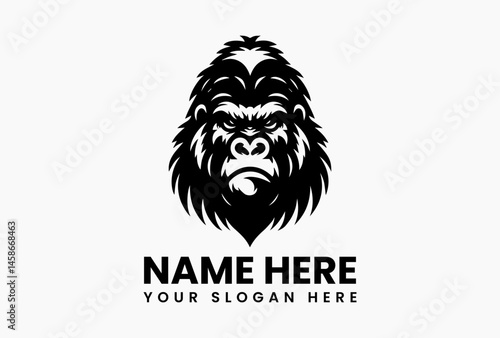Bold gorilla head silhouette with tribal markings, fierce vector emblem for fitness brands and combat sports
