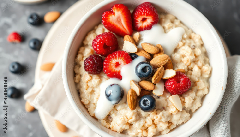 Healthy Breakfast Bowl with Oats, Fresh Fruits, Yogurt, Nuts, and Berries on a Gray Background Healthy Breakfast Bowl with Oats, Fresh Fruits, Yogurt, Nuts, and Berries on a Gray Background