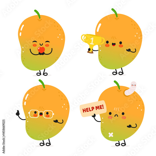 Charming Mango characters show different moods celebrating, being helpful, and experiencing different scenarios.