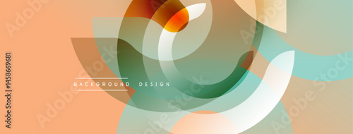 Abstract shapes overlap, creating soft color gradients. Peach background complements teal, orange, brown elements. Minimalist design.