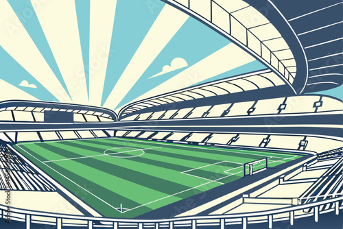 56 Modern football stadium, vibrant green pitch, expansive seating tiers, curved roof architecture, bright sunburst, blue sky with wispy clouds, wide-angle view, sports arena, empty stands, pristine p