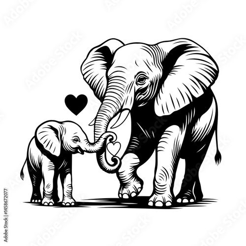 Elefanten Mama mit Baby Liebe Muttertag. Vektor einer Elefanten-Mama mit Baby, verbunden durch einen Rüsselgruß und ein Herz. Ideal als Muttertagsmotiv oder Symbol für Familie und Zusammenhalt.