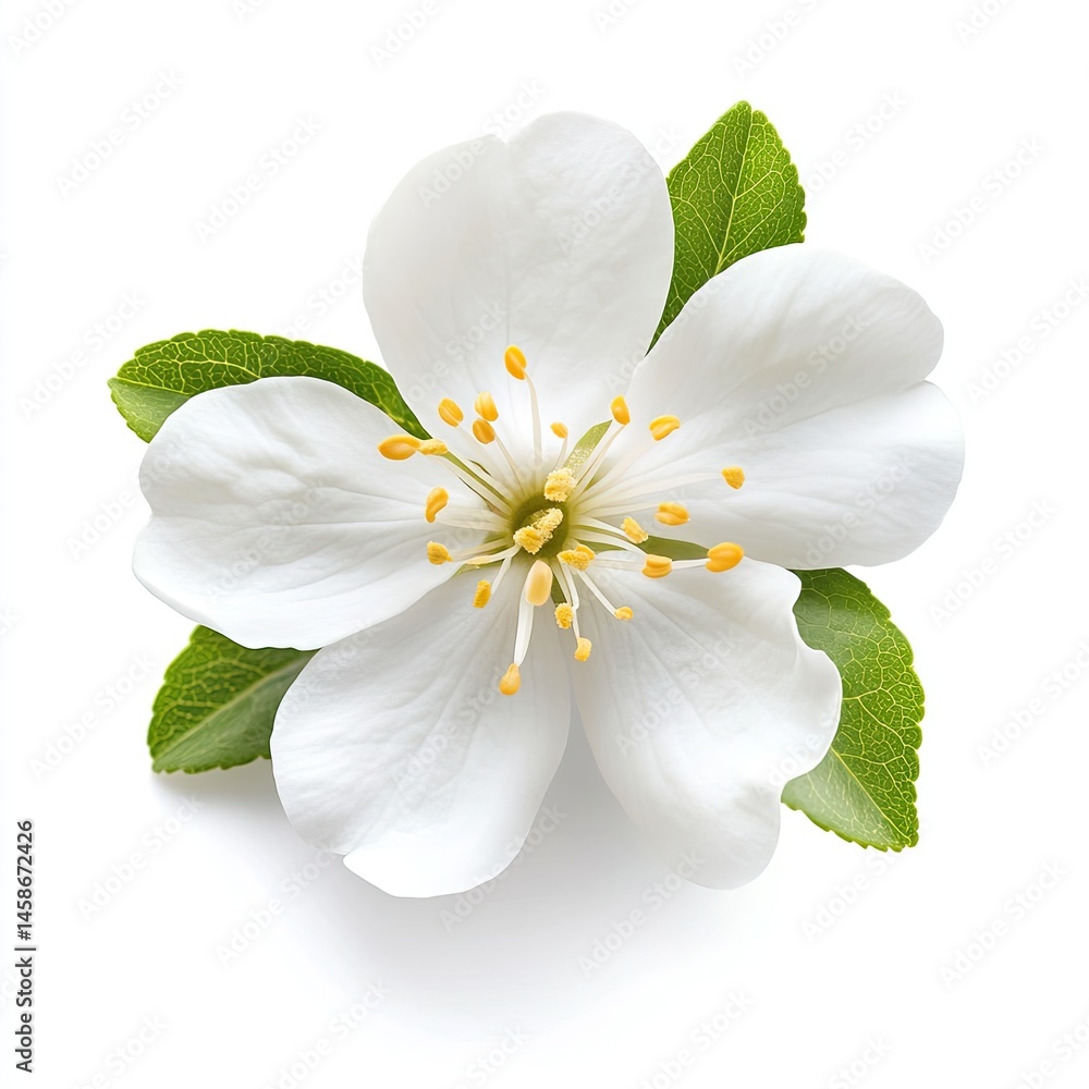 Obraz premium Close-up of a single, perfect white flower with green leaves. Detailed view of delicate petals and stamen