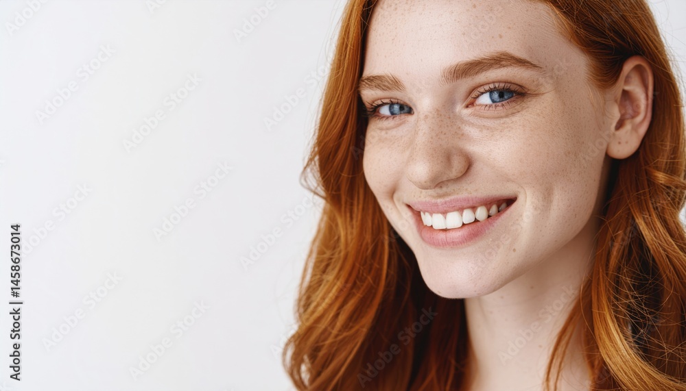 Happy young woman with long wavy red hair and freckles Happy young woman with long wavy red hair and freckles
