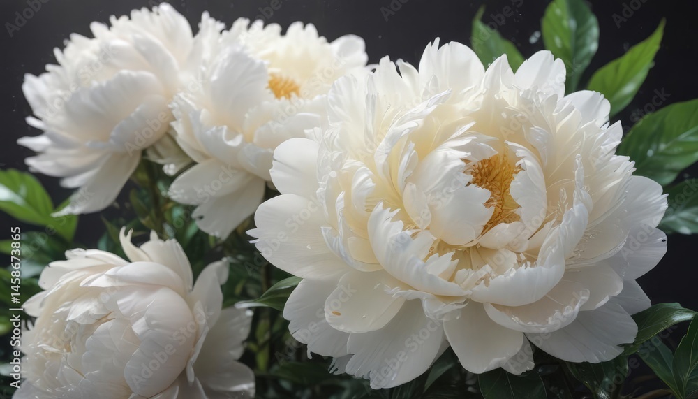 Creamy white peonies, dew-kissed petals, vibrant leaves , flora, white peony Creamy white peonies, dew-kissed petals, vibrant leaves , flora, white peony