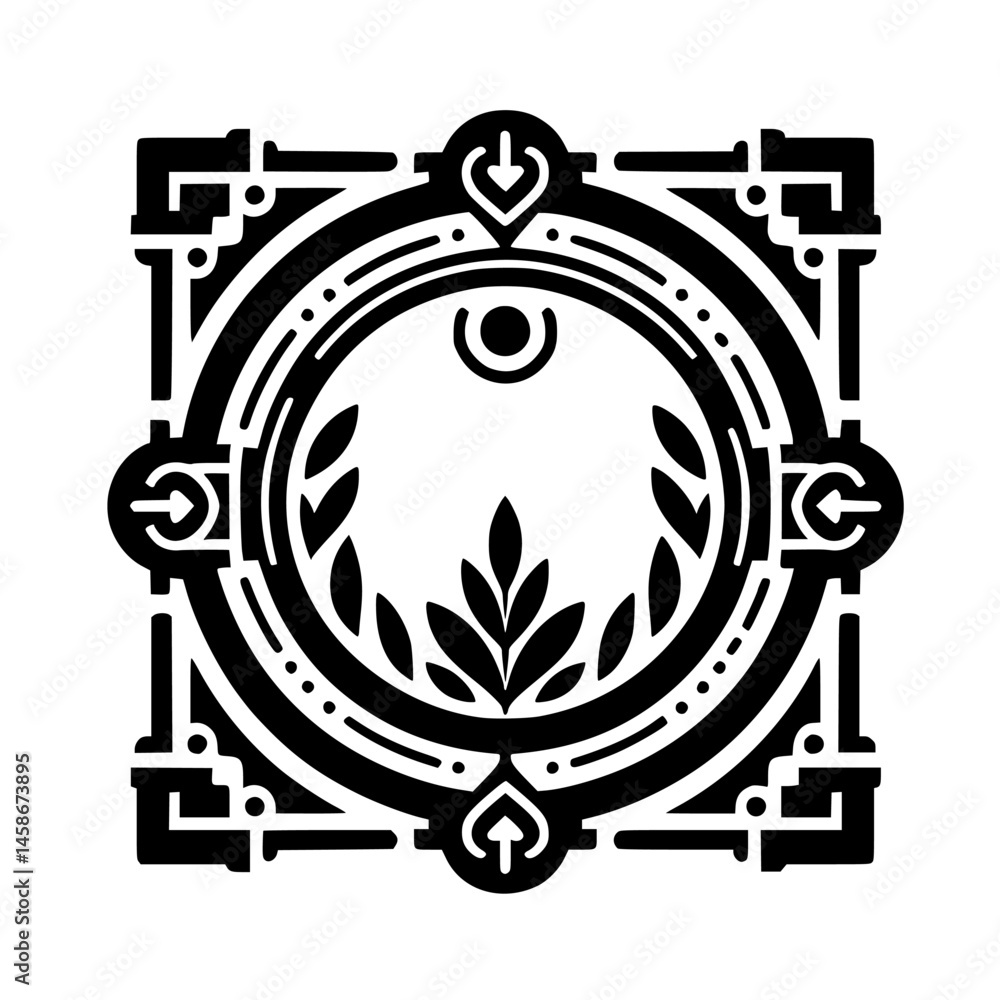 Obraz premium Elegant Black & White Ornamental Emblem with Leaves