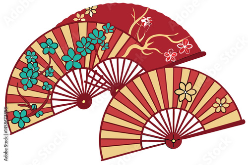 58 Traditional Japanese folding fans, vibrant red and gold colors, floral patterns, ornate designs, multiple layered fans, intricate details, Asian art style, rich textures, dramatic lighting, cherry 