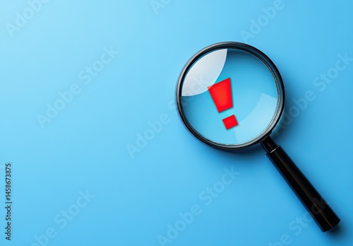 Magnifying glass focusing on a red exclamation mark on a light blue background