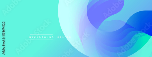 Abstract fluid shapes overlap turquoise, blue gradients. Modern background design evokes movement, energy, calmness. Simple text reads background design.